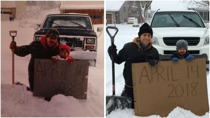 Father and son recreating a family photo holding a snow shovel and a sign with April 14 dates, years apart.