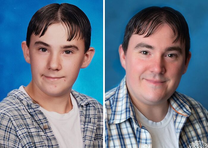 Two side-by-side portraits recreating a wholesome family photo, young and adult version in checkered shirts.