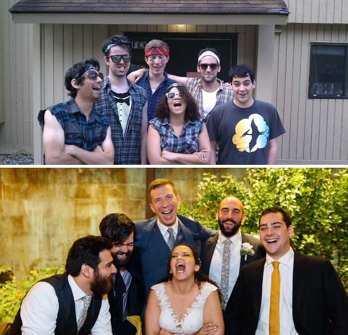 Laughing group recreates a wholesome family photo decades later.