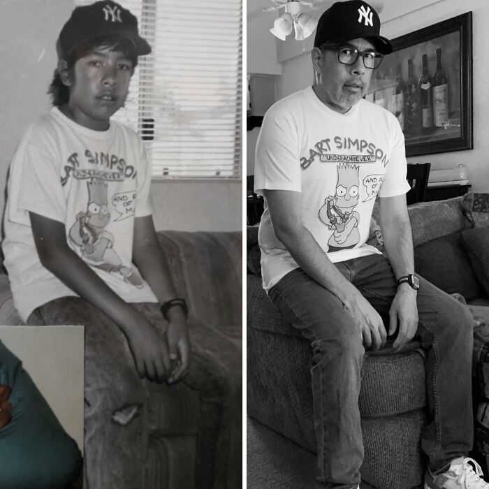 Father and son recreate a wholesome family photo, both wearing Bart Simpson shirts and NY caps, sitting on a couch.