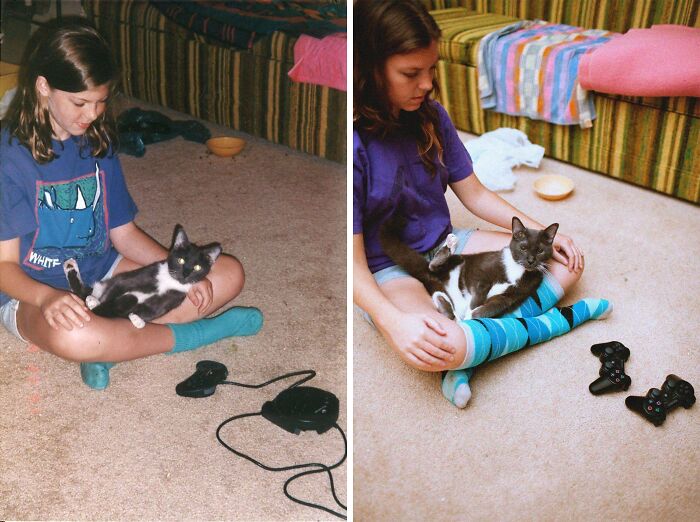 Girl with a cat on her lap, recreating a family photo.