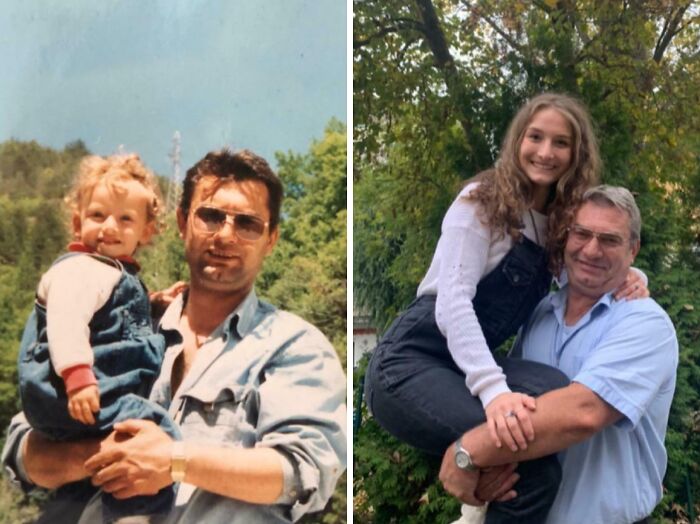 Father and daughter recreate a family photo, holding each other outdoors with green trees in the background.