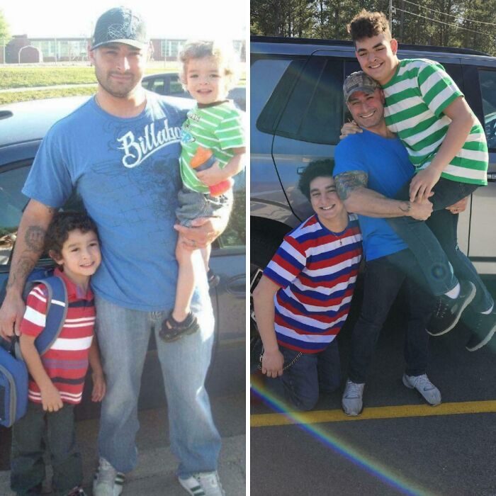 Father and sons recreate a wholesome family photo years later, in matching striped shirts by the car.