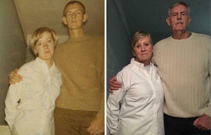 Wholesome family photo recreation with a couple posing together in similar outfits, decades apart.