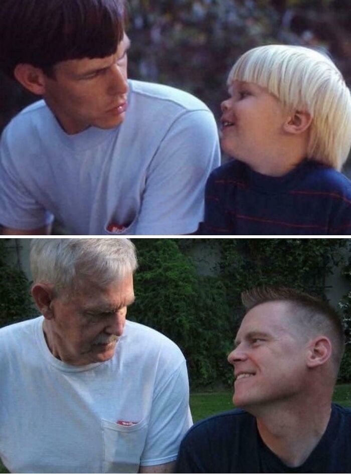 Two images showing a father and son recreating a wholesome family photo, years apart.