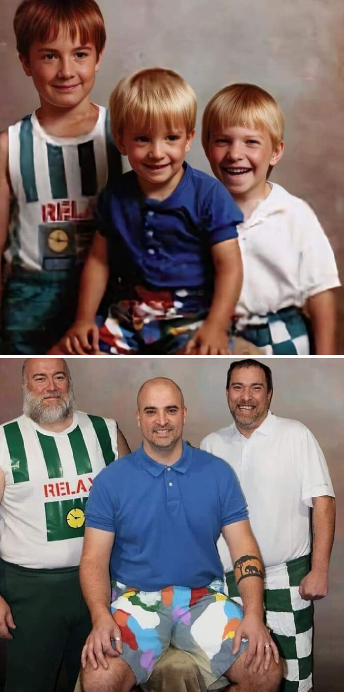 Adult siblings recreate a childhood family photo with similar outfits and poses, showcasing a wholesome photo recreation.