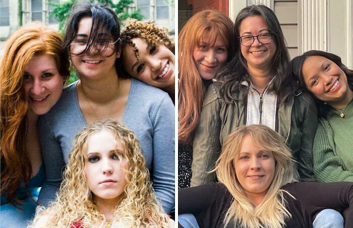 Four women posing for a wholesome family photo recreation, smiling in both past and present images.