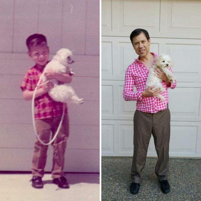 Man recreates childhood photo with dog, both wearing pink checkered shirts, showcasing a wholesome family photo recreation.