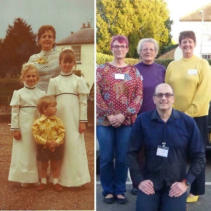 Family recreates a photo from childhood, posing similarly in modern and vintage outfits, capturing a wholesome moment.