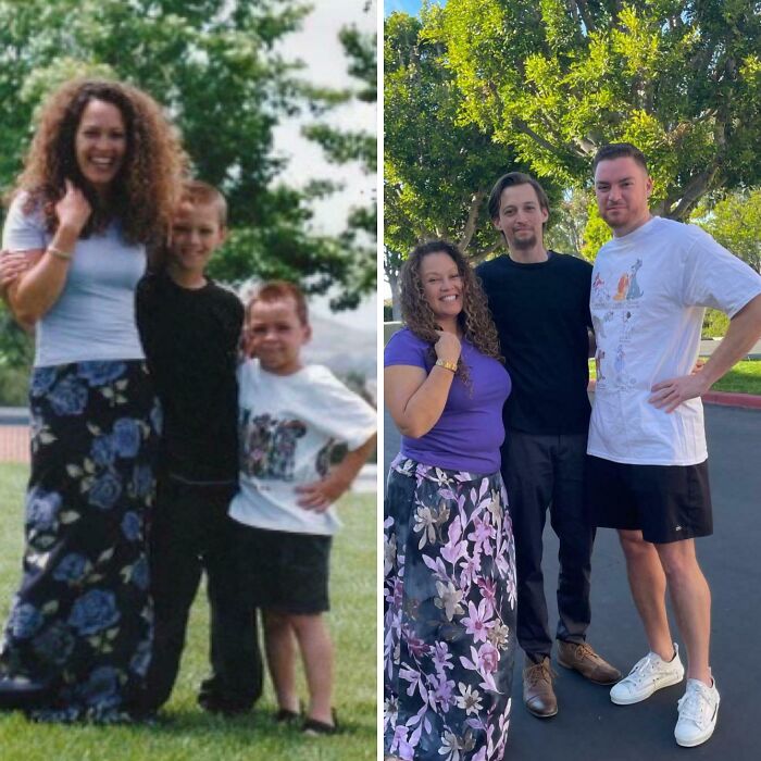 Family photo recreation with parents and grown children outdoors, showcasing matching outfits and joyful expressions.