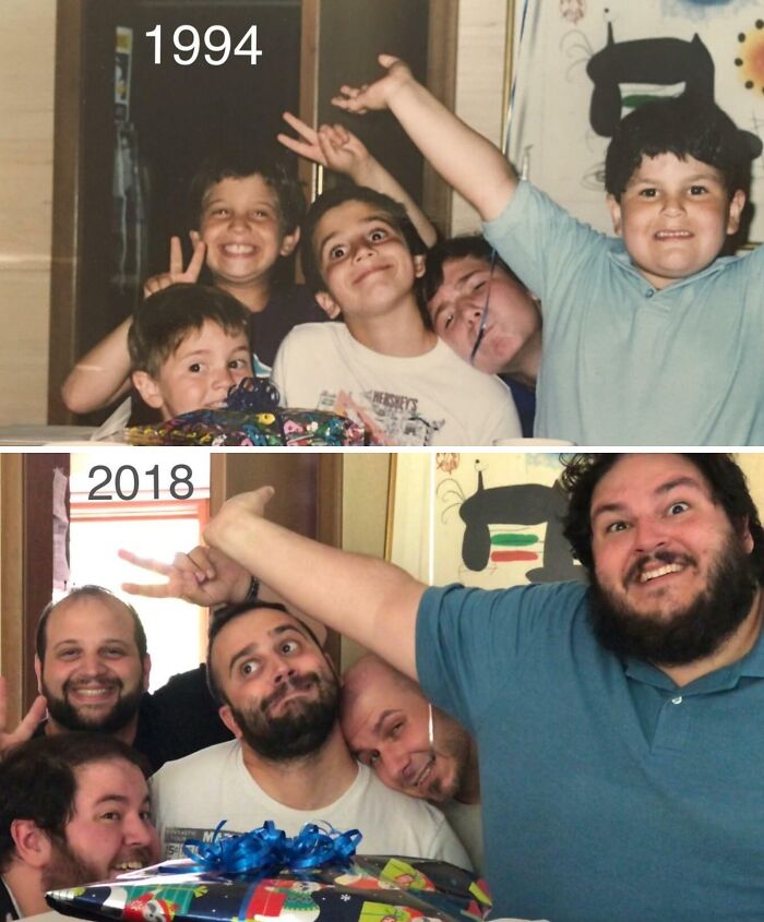 Adults recreate a family photo from 1994 with similar poses in 2018, celebrating wholesome family photo recreations.