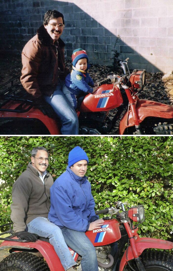 Father and son recreating a wholesome family photo on a red Honda motorcycle.