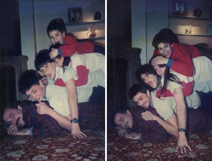 Family recreates a heartwarming pile-up photo, highlighting generational bonding and nostalgia.