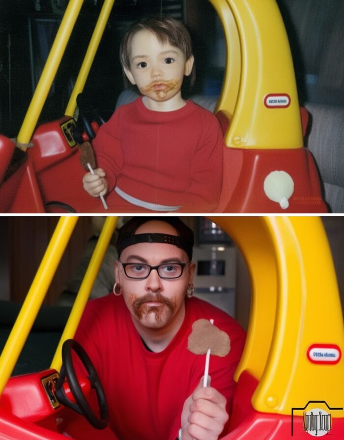 Adult and child in similar red outfits, playfully re-enacting a family photo with toy car and a lollipop.