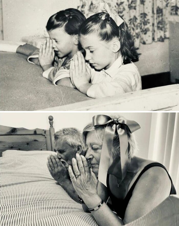 Two recreated family photos: children praying at a bed, then adults in same pose, showcasing wholesome family photo recreation.