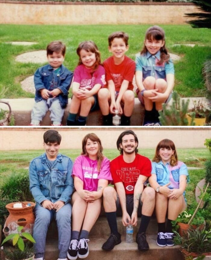 Recreated wholesome family photo of siblings sitting on steps, showing growth over the years.