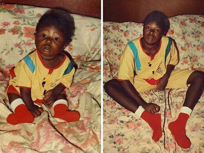 Child and adult in matching outfits for family photo recreation.