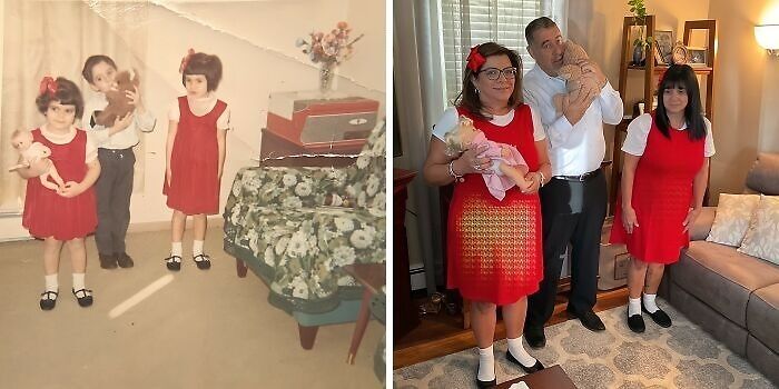 Family recreates a vintage photo with two women and a man in similar outfits, showing wholesome family photo recreations.