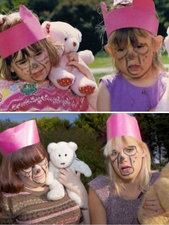 Adults recreate a childhood photo wearing pink crowns and holding teddy bears, capturing a wholesome family moment.