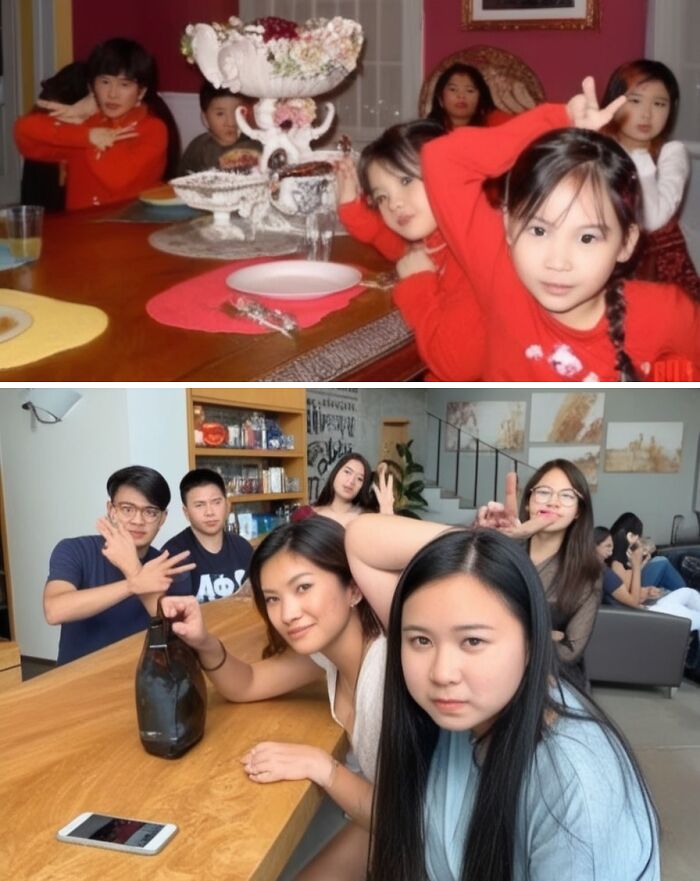 Family photo recreation with kids and adults posing similarly around a table.