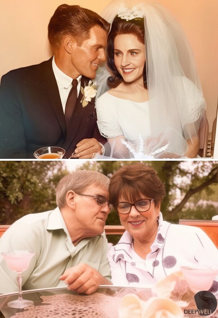 Elderly couple in recreated wholesome family photo, smiling in both wedding and current settings.