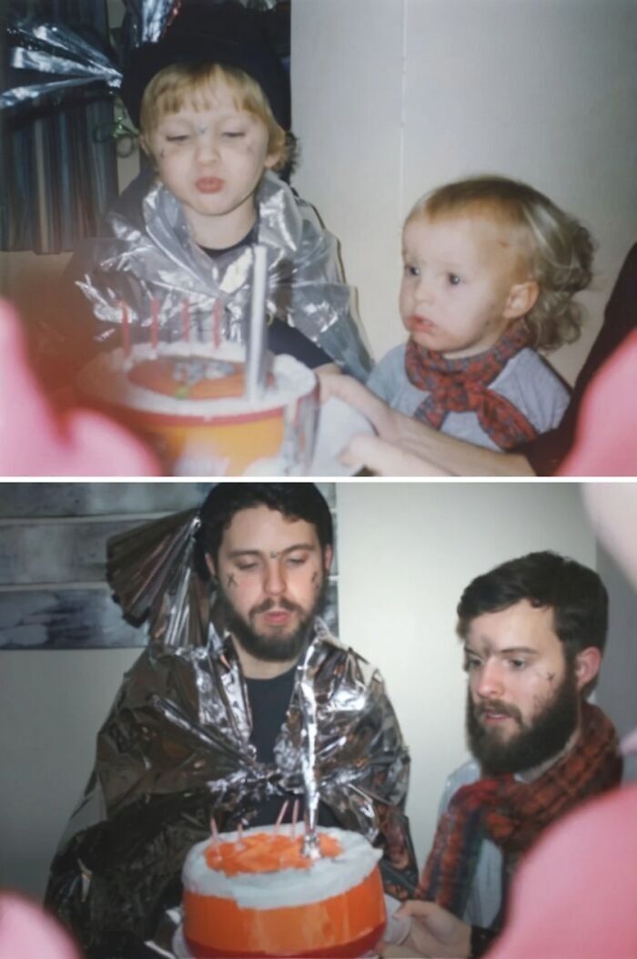 Adults recreating a childhood birthday party photo with cake, humor, and similar outfits for wholesome family photo recreations.