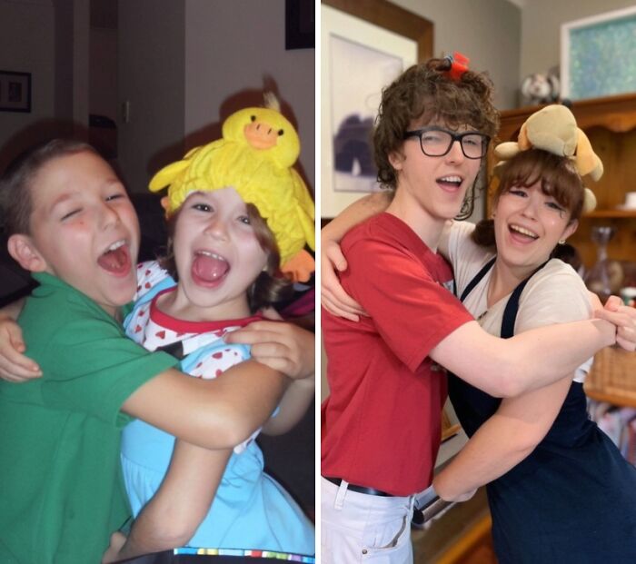 Siblings recreating a childhood photo, hugging and wearing fun hats, showcasing a wholesome family photo recreation.