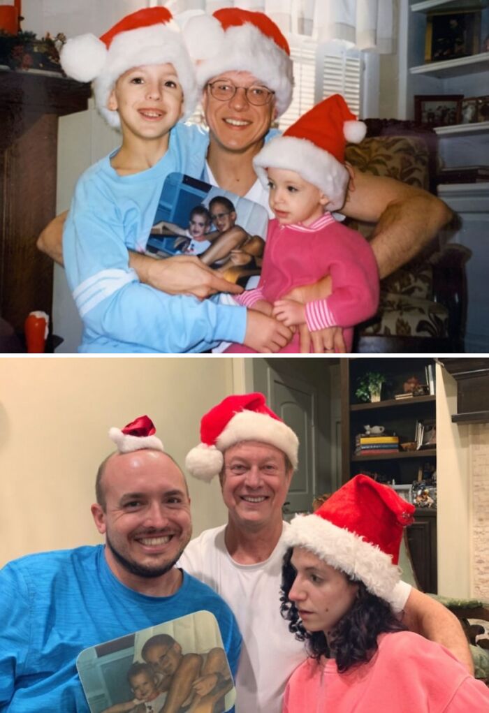 Wholesome family photo recreation of two images: a father with two children in Santa hats, young and grown-up versions.