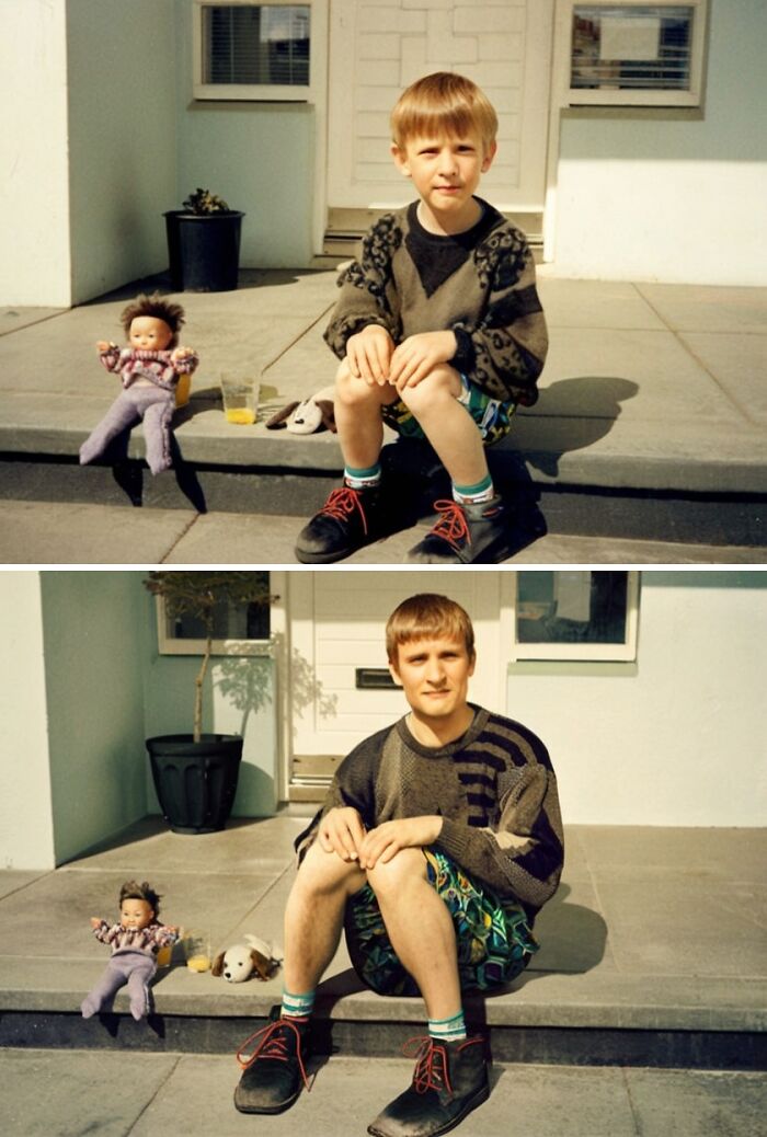Adult recreating a childhood photo on the porch, wearing a similar sweater, surrounded by toys, showcasing a wholesome family recreation.