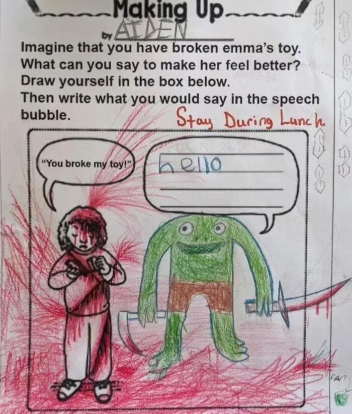 A child's drawing shows a crying figure with red scribbles, beside a green monster. Hair of kids artwork, creepy images.