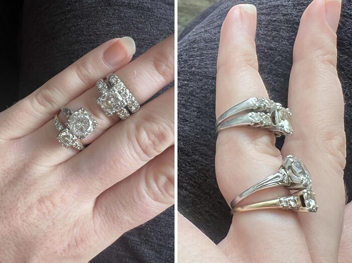Close-up of hands wearing multiple vintage diamond rings as a cool inheritance treasured by the owner