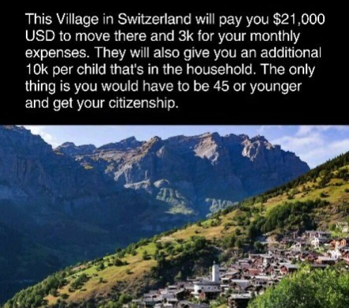 Swiss village offering monetary incentives to attract new residents, picturesque mountain landscape in the background.