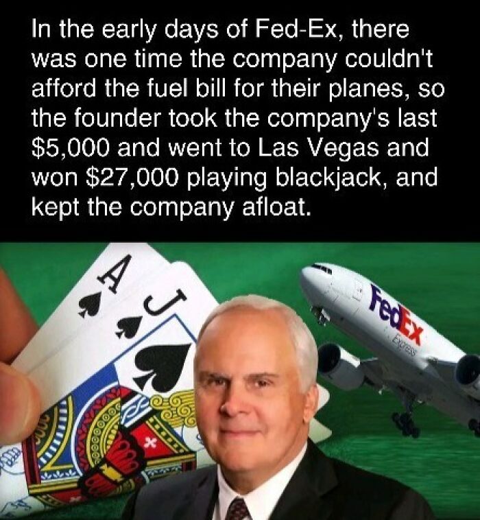 FedEx founder with playing cards and jet, illustrating an interesting fact about company history and blackjack winnings.