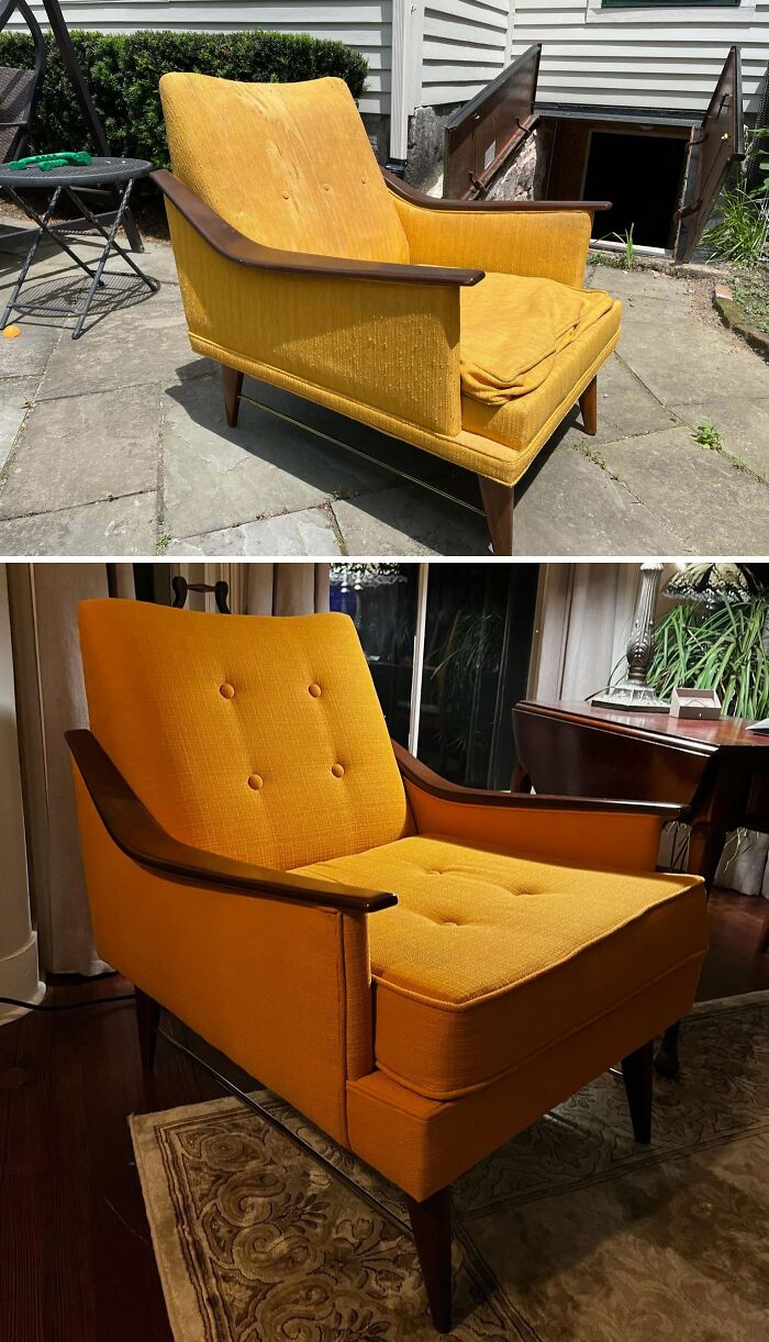 Vintage chair restoration, showing before and after transformation with vibrant yellow upholstery.