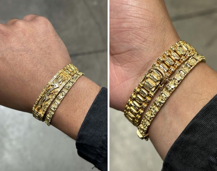 Gold and diamond bracelets inherited, shown on a wrist with detailed close-up in new pics.