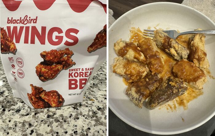 Misleading packaging design: BBQ wings bag with less appetizing wings served on a plate.