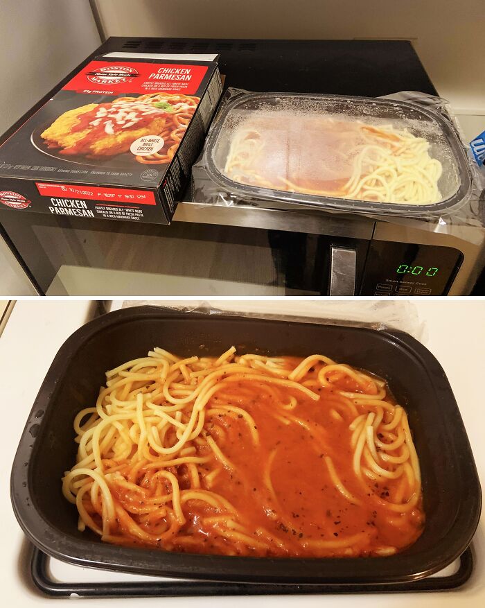 Misleading packaging design showing boxed chicken parmesan but revealing plain pasta after opening.