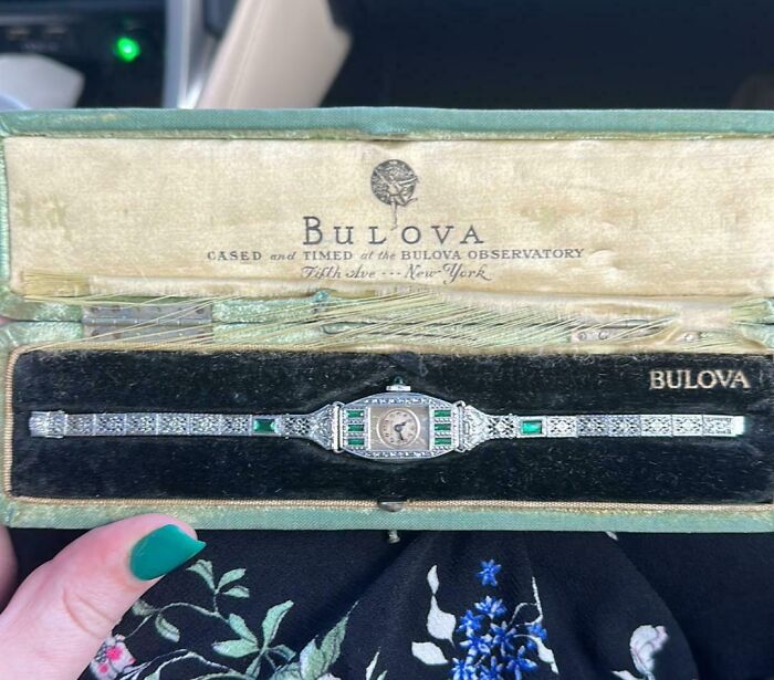Vintage Bulova wristwatch with emerald details in original case, a stunning cool inheritance treasured by the owner.