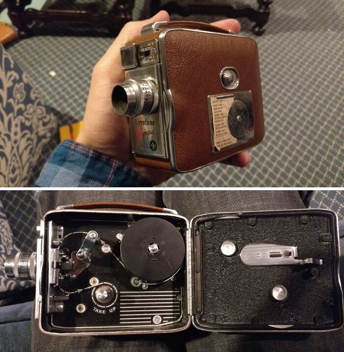 Vintage Keystone movie camera inherited, showing external design and internal film mechanism details.
