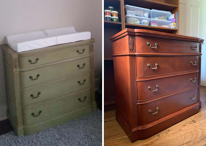 Before and after of old dresser restoration, showcasing transformation from worn green to polished wood finish.
