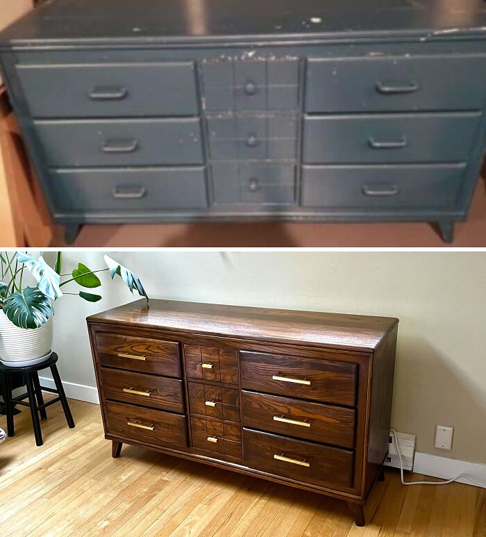 Old furniture restoration showing a dresser before and after transformation.
