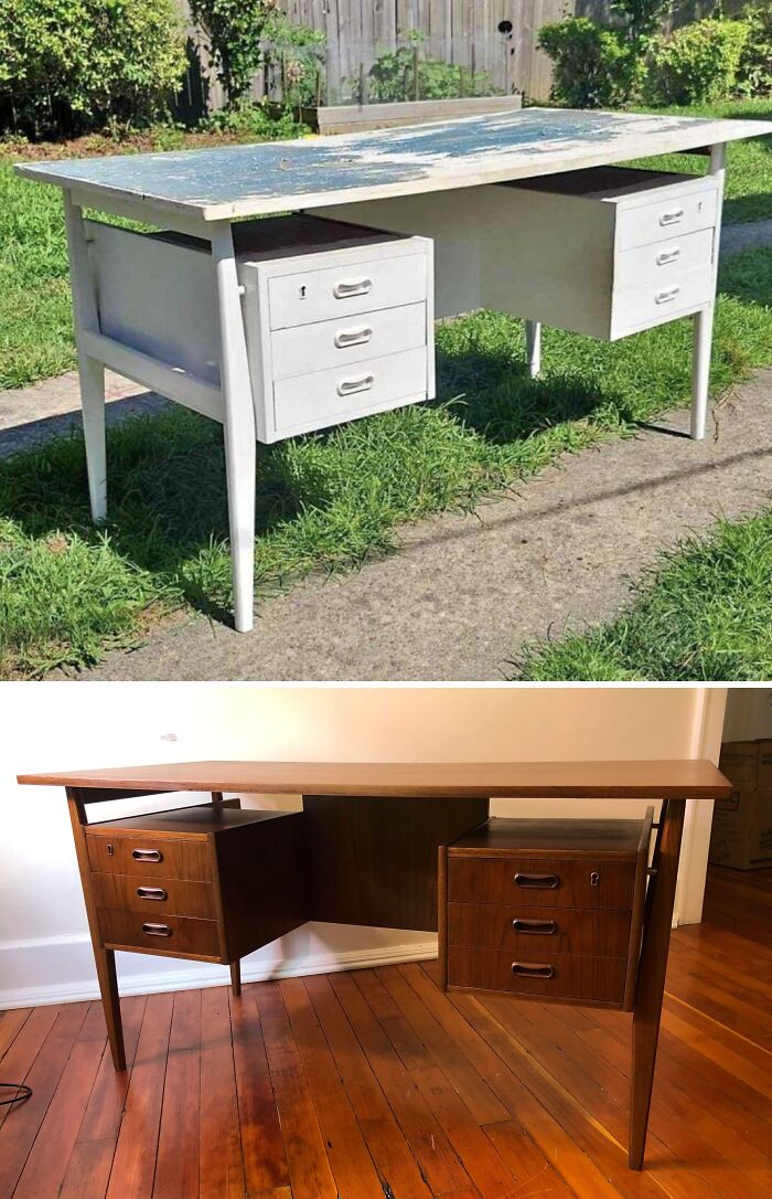 Restored wooden desk, showing transformation from old, worn paint to polished wood finish, exemplifying skill in restoration.