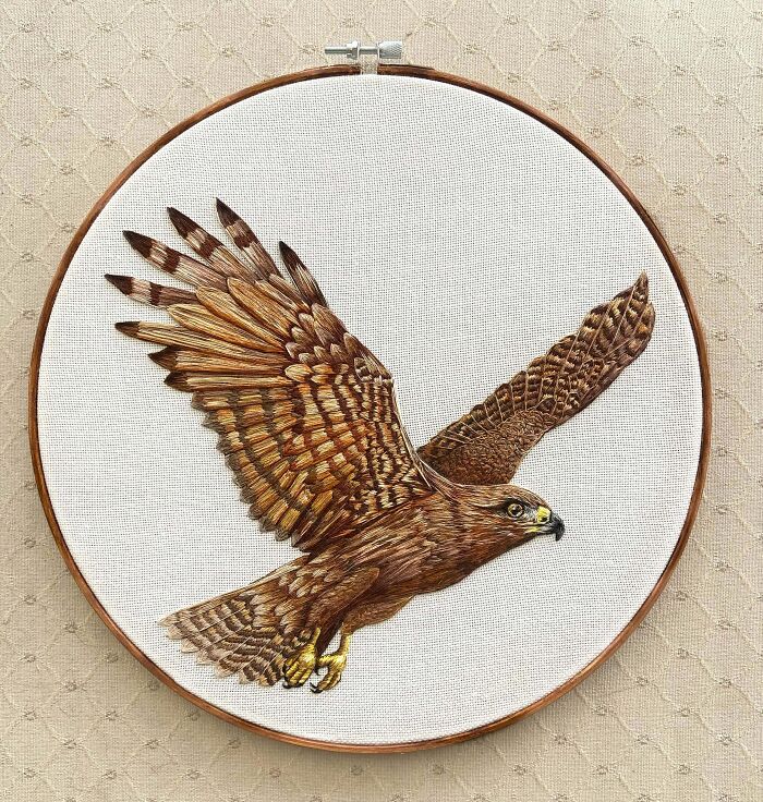 Creative embroidery of a detailed hawk on a hoop, showcasing intricate stitching and realistic design.