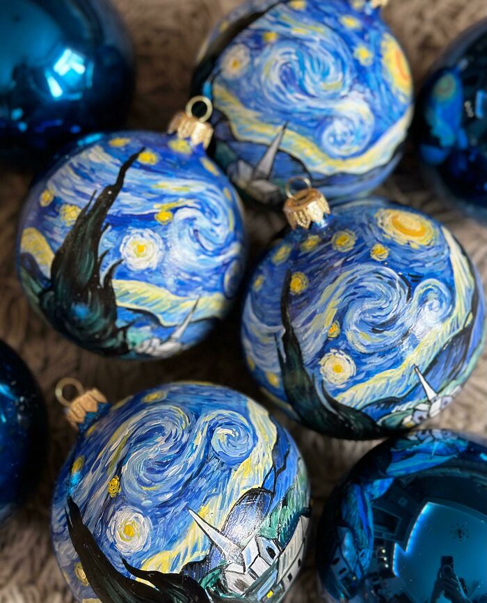 Hand-painted Christmas ornaments inspired by "Starry Night," a creative DIY Christmas decoration.