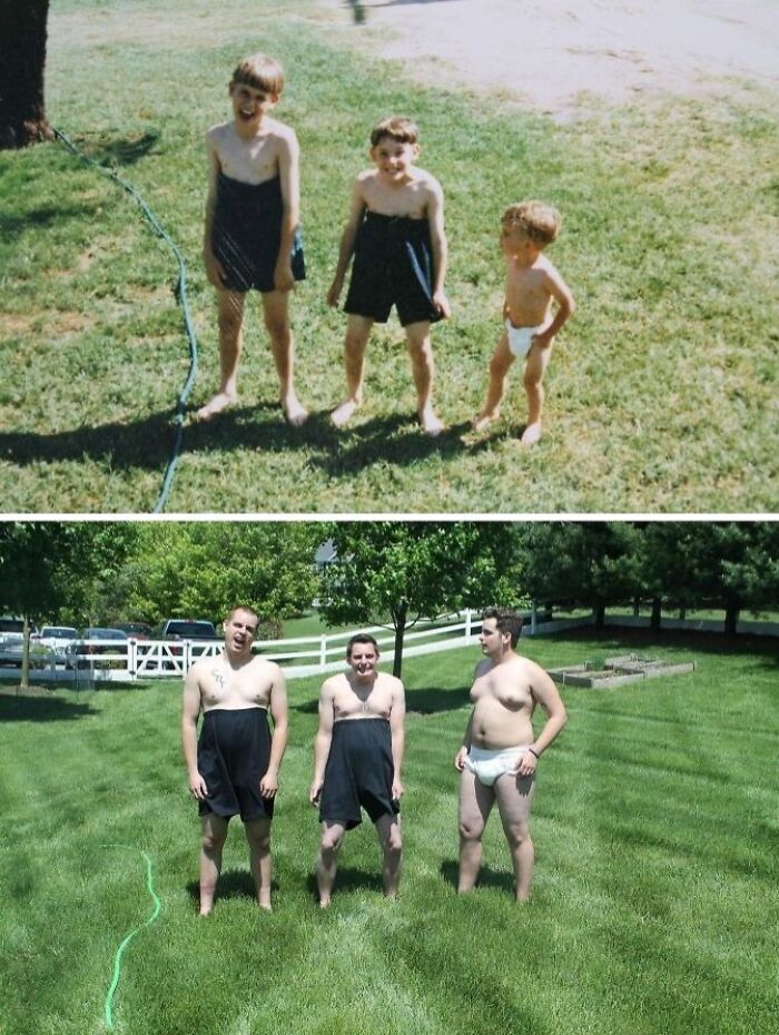 Adults recreate a wholesome family photo outdoors, mimicking their childhood poses and outfits.