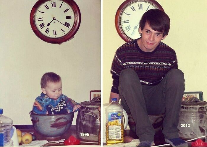 Family photo recreations show a child in a bowl, then grown up in the same pose, under a clock.