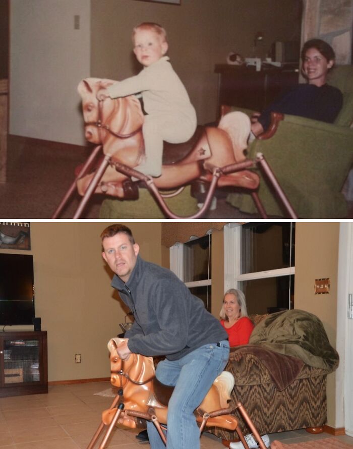 Recreated family photo with adult on toy horse, replicating childhood moment.