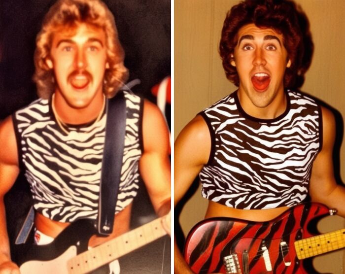 30 Years Apart. My Dad, Age 21. Me, Age 22. Same Shirt. Same Guitar