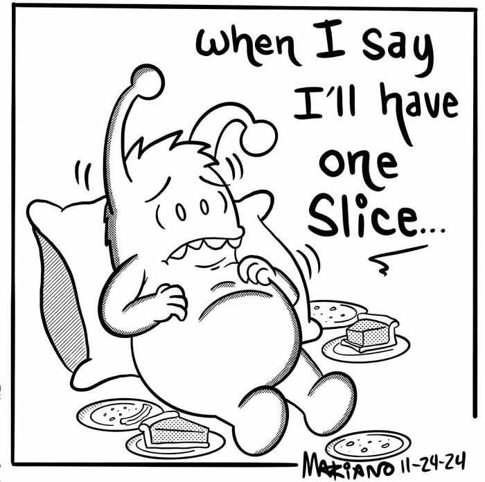 Cartoon by Mariano Velasco shows a cute character with cake, humorously depicting everyday life.