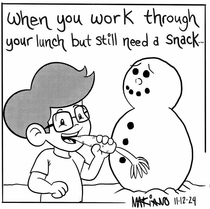 Cartoon by Mariano Velasco of a smiling boy eating a snowman's carrot nose.